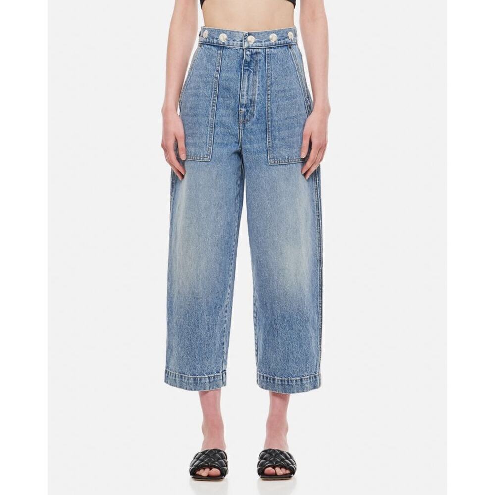 Khaite Hewey Studded High Waisted Wide Leg Cropped Denim Jeans Light Wash Sz 25